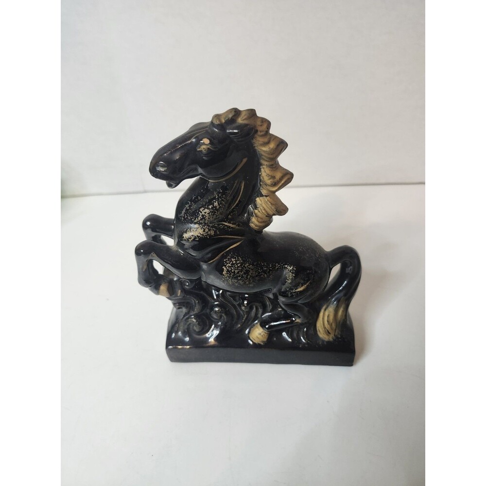 Tilso Hand Painted Black Horse Figurine Statue With Gold Gilt Made In Japan